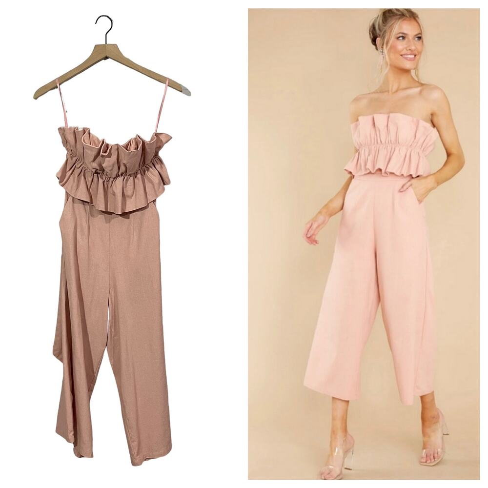 Saints + Secrets Strapless Cropped Linen Jumpsuit - Pink - Small